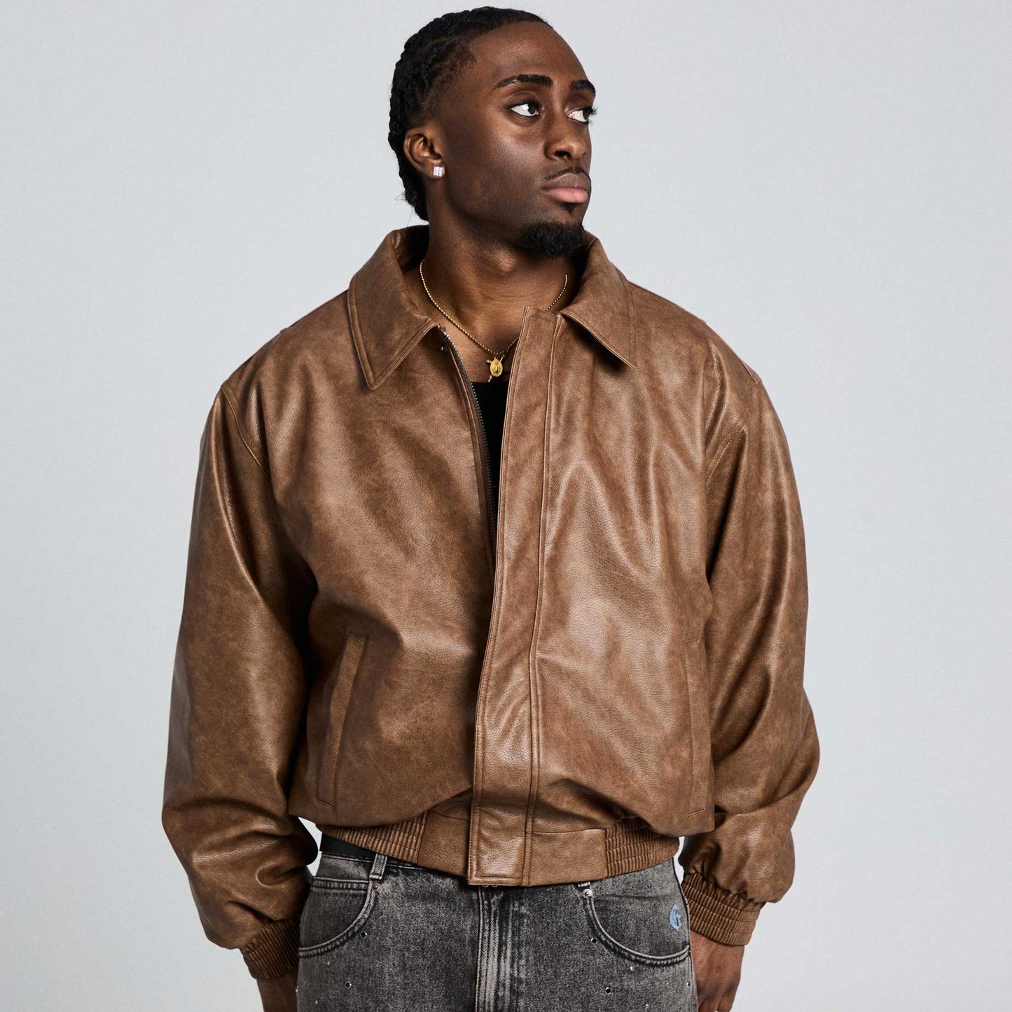 Chief Watcher Pu Leather Bomber Jacket / Brown